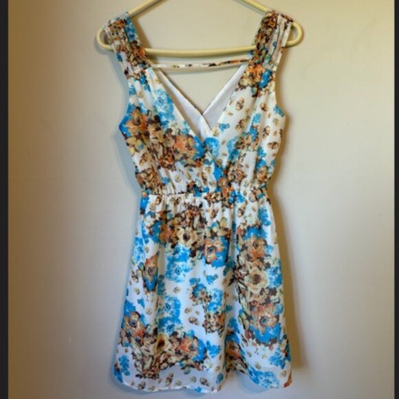 Love Tree Blue Multicolor Floral Print Sleeveless V-Neck Dress Women's Size S - Picture 2 of 5